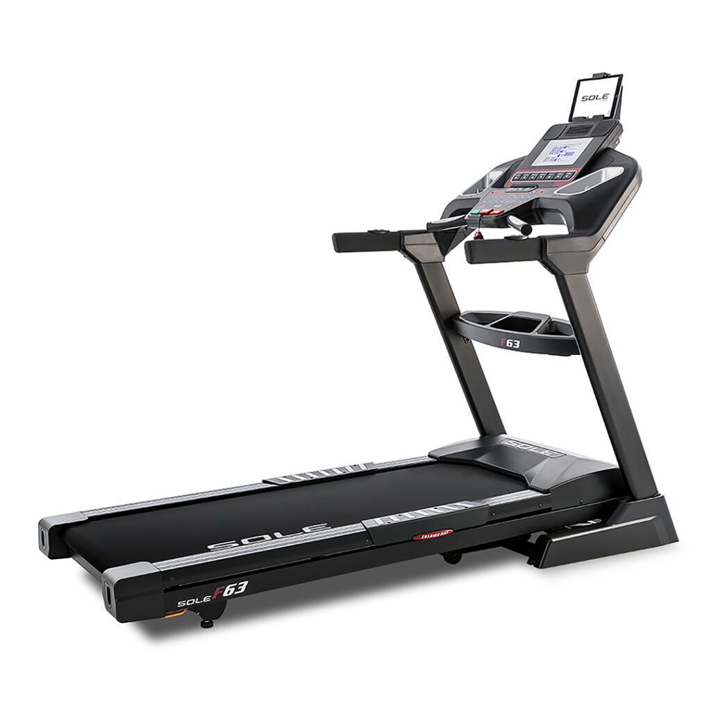 SOLE F63 20" x 60" black treadmill with handrails, tablet rack and LCD screen.